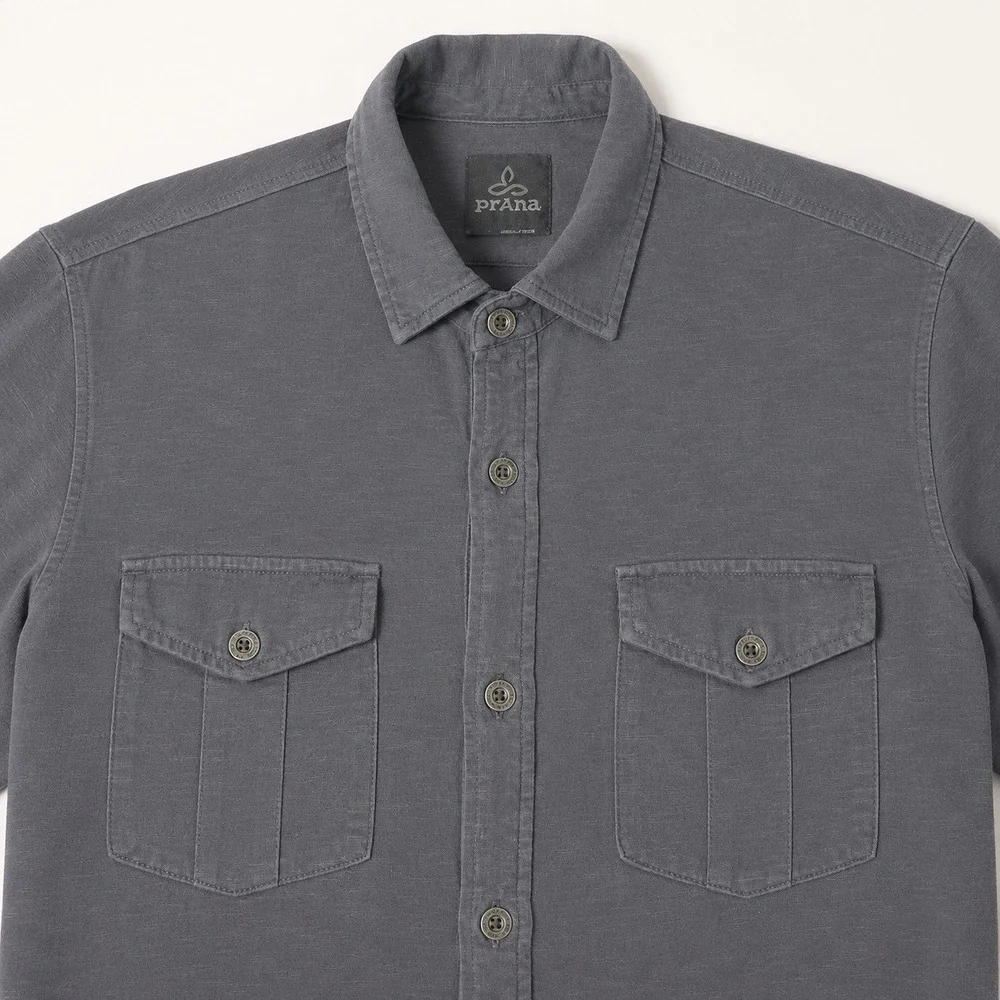 Prana Button Down Shirt Mens Large Grey Short Sleeve Organic Cotton Slub Casual - Picture 2 of 6
